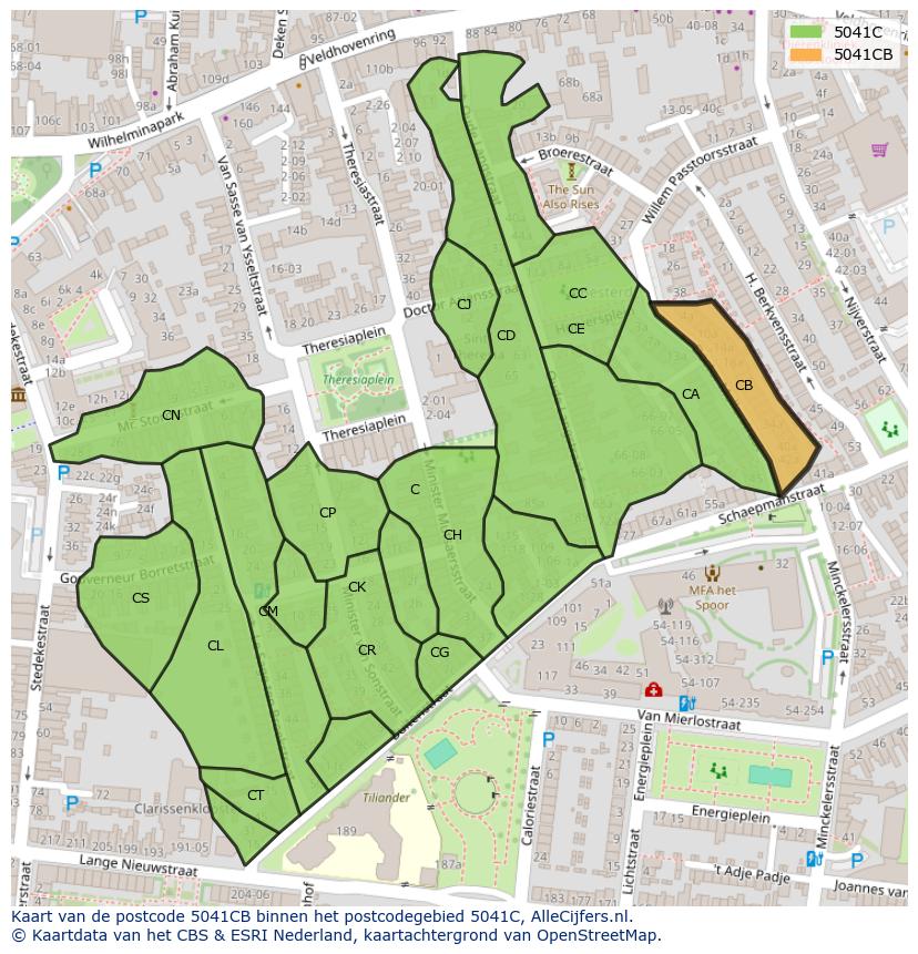 Afbeelding van het postcodegebied 5041 CB op de kaart.