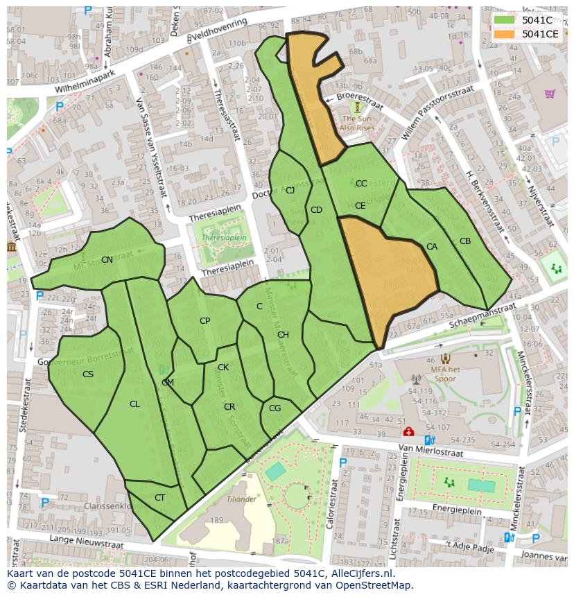 Afbeelding van het postcodegebied 5041 CE op de kaart.