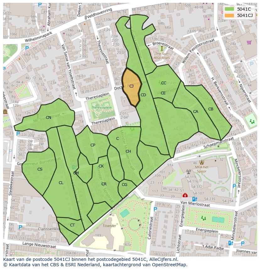 Afbeelding van het postcodegebied 5041 CJ op de kaart.