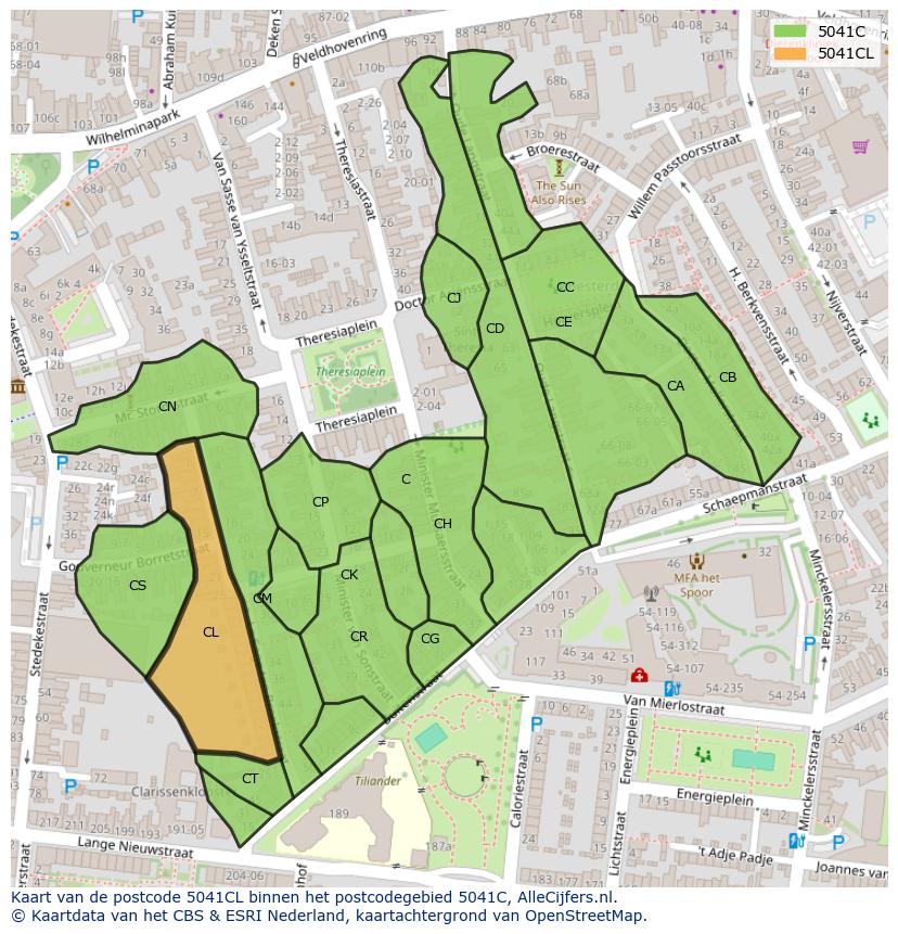 Afbeelding van het postcodegebied 5041 CL op de kaart.