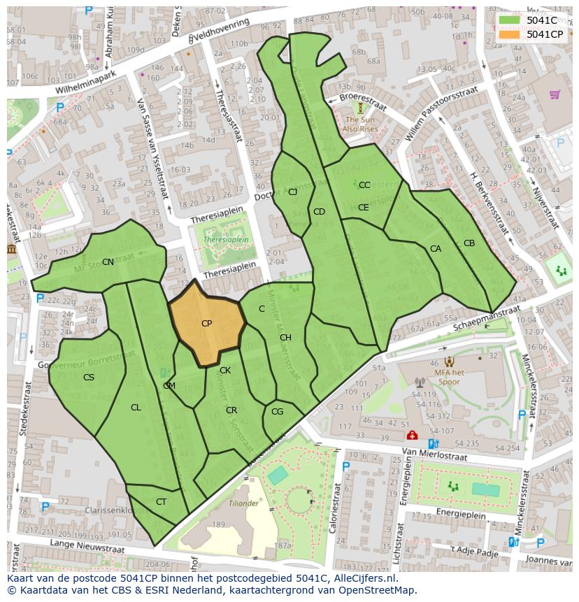 Afbeelding van het postcodegebied 5041 CP op de kaart.