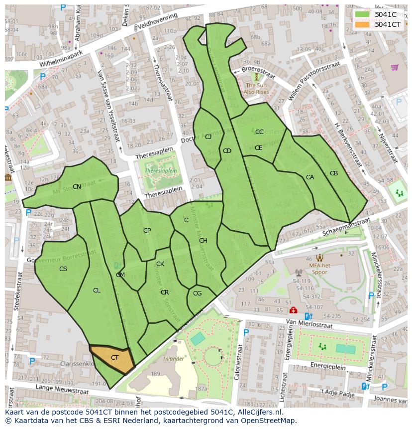 Afbeelding van het postcodegebied 5041 CT op de kaart.