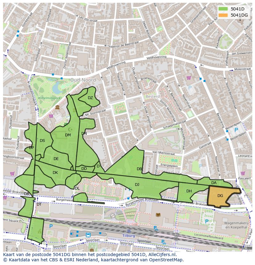 Afbeelding van het postcodegebied 5041 DG op de kaart.