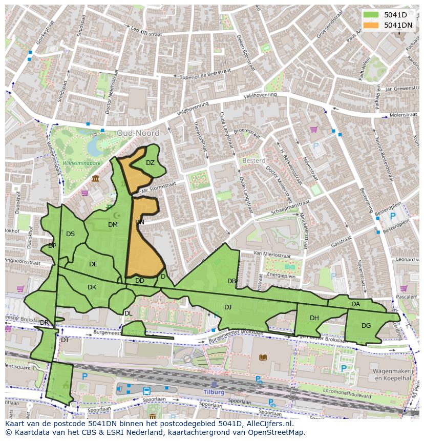 Afbeelding van het postcodegebied 5041 DN op de kaart.