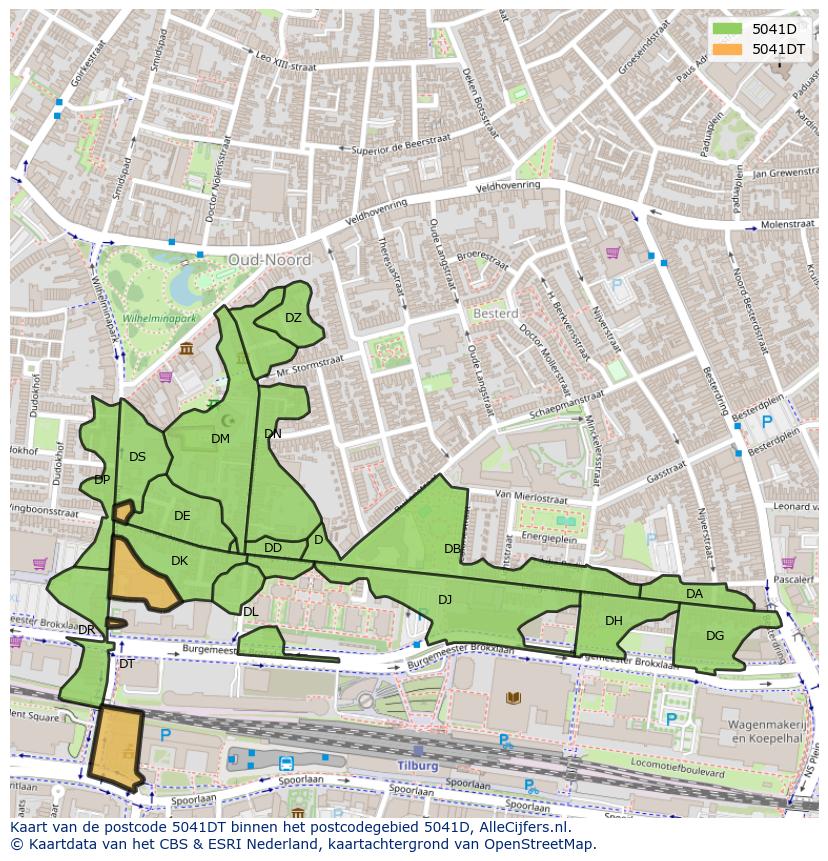 Afbeelding van het postcodegebied 5041 DT op de kaart.