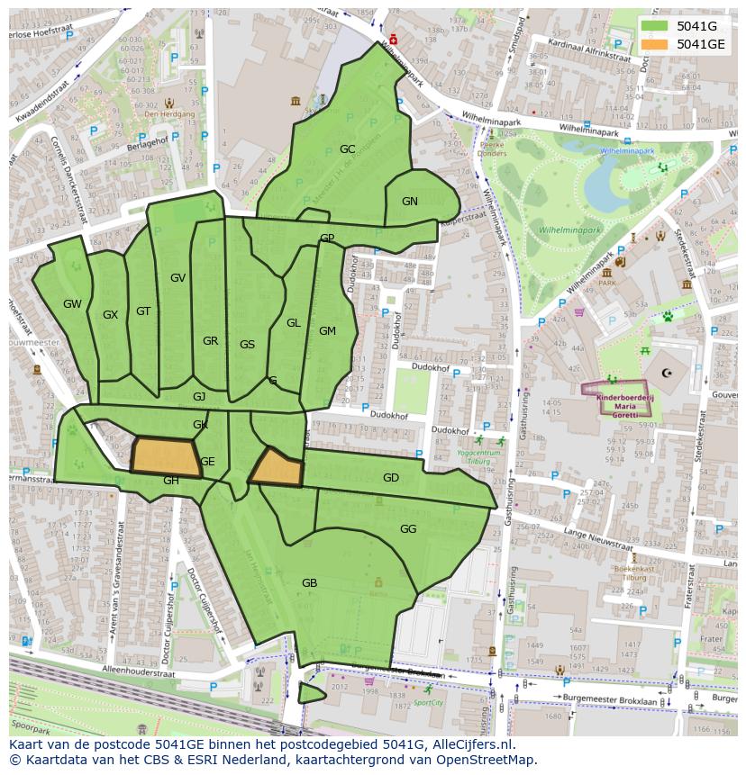 Afbeelding van het postcodegebied 5041 GE op de kaart.