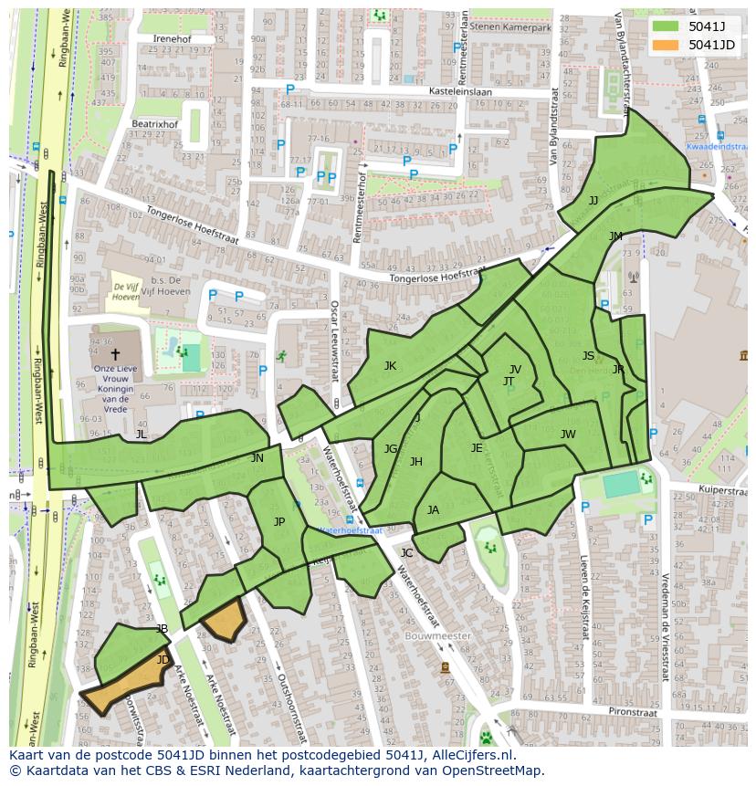 Afbeelding van het postcodegebied 5041 JD op de kaart.