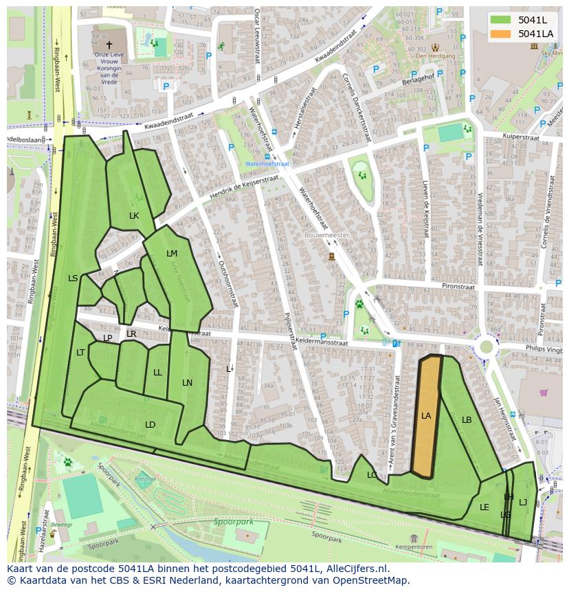 Afbeelding van het postcodegebied 5041 LA op de kaart.