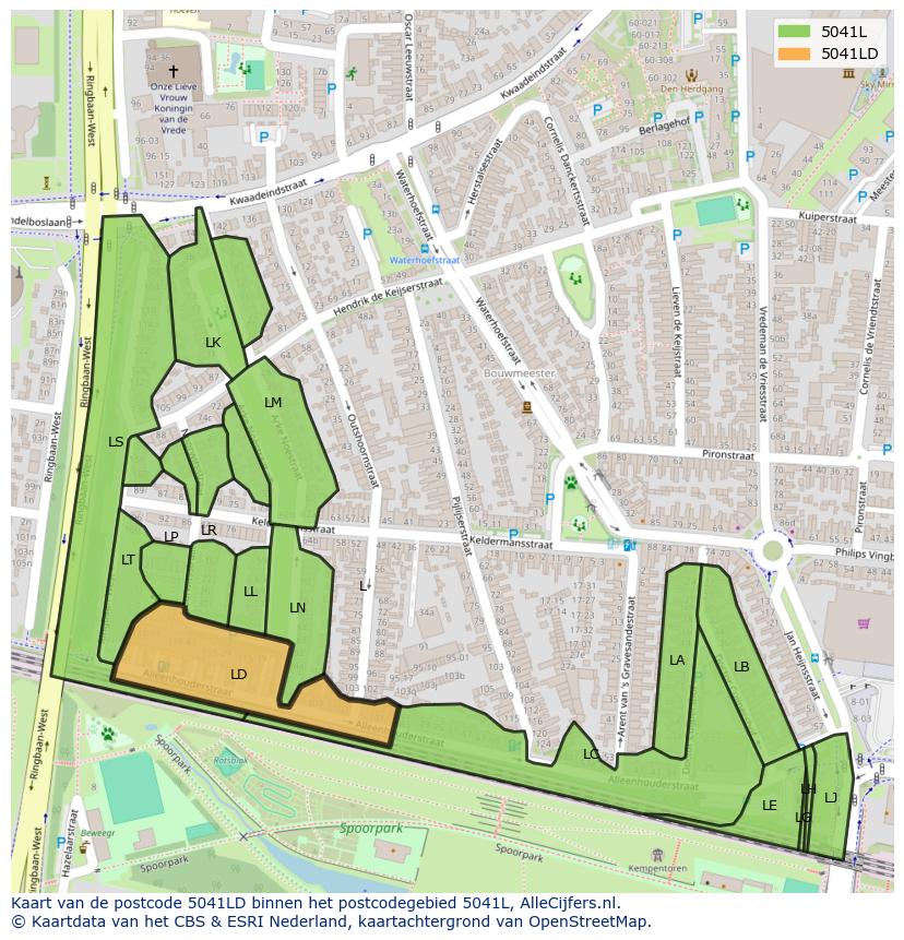Afbeelding van het postcodegebied 5041 LD op de kaart.