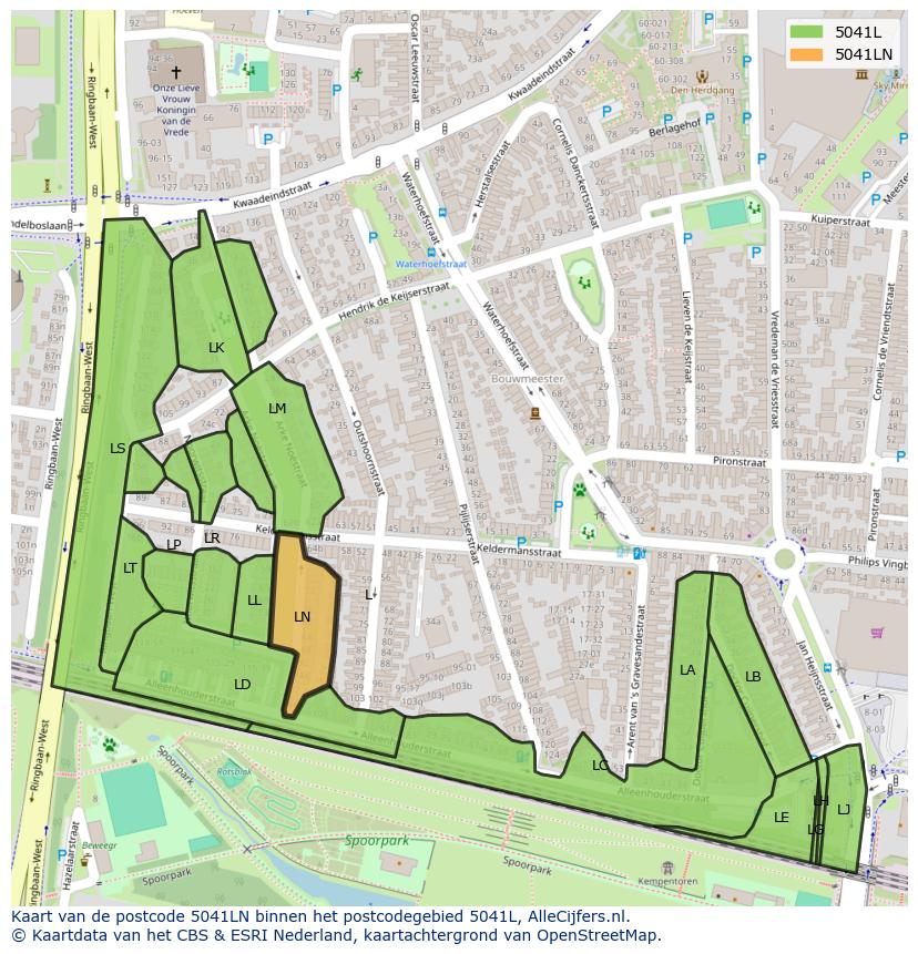 Afbeelding van het postcodegebied 5041 LN op de kaart.