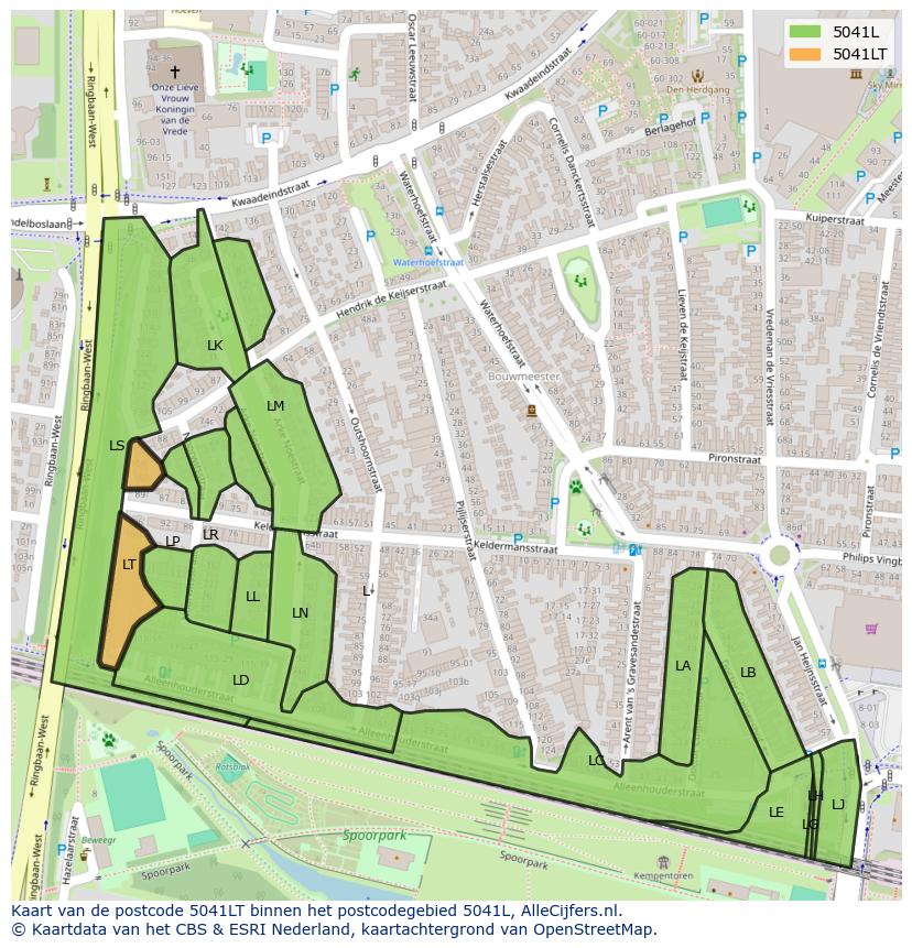Afbeelding van het postcodegebied 5041 LT op de kaart.