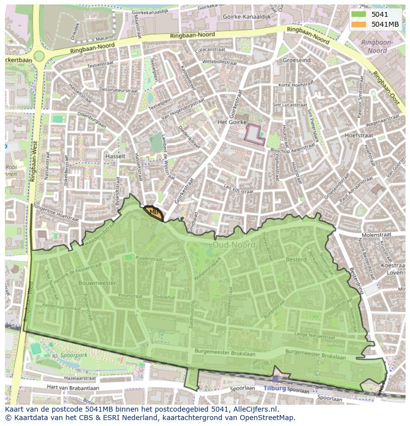Afbeelding van het postcodegebied 5041 MB op de kaart.