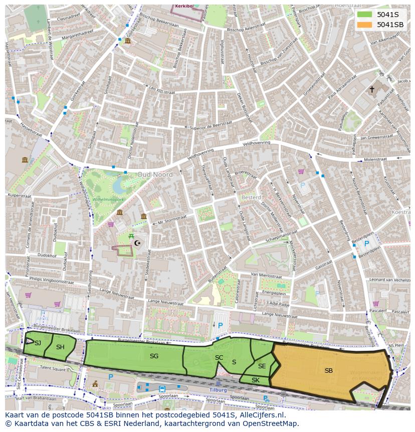 Afbeelding van het postcodegebied 5041 SB op de kaart.
