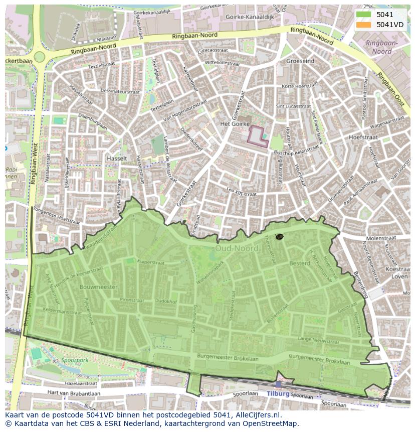 Afbeelding van het postcodegebied 5041 VD op de kaart.