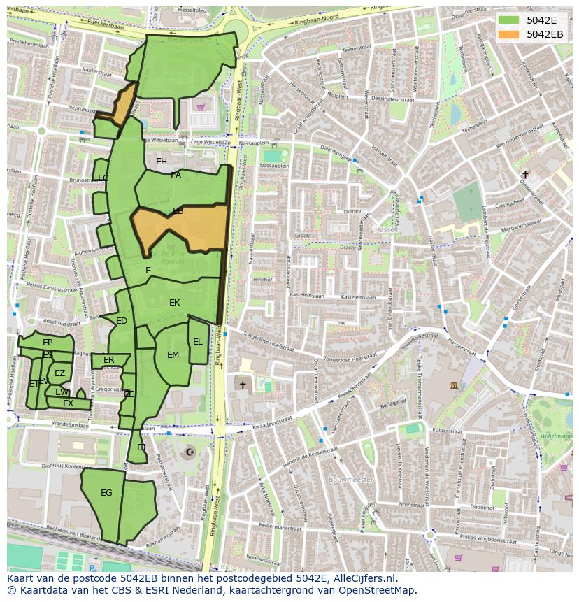 Afbeelding van het postcodegebied 5042 EB op de kaart.