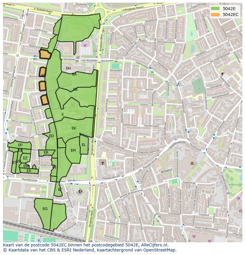Afbeelding van het postcodegebied 5042 EC op de kaart.