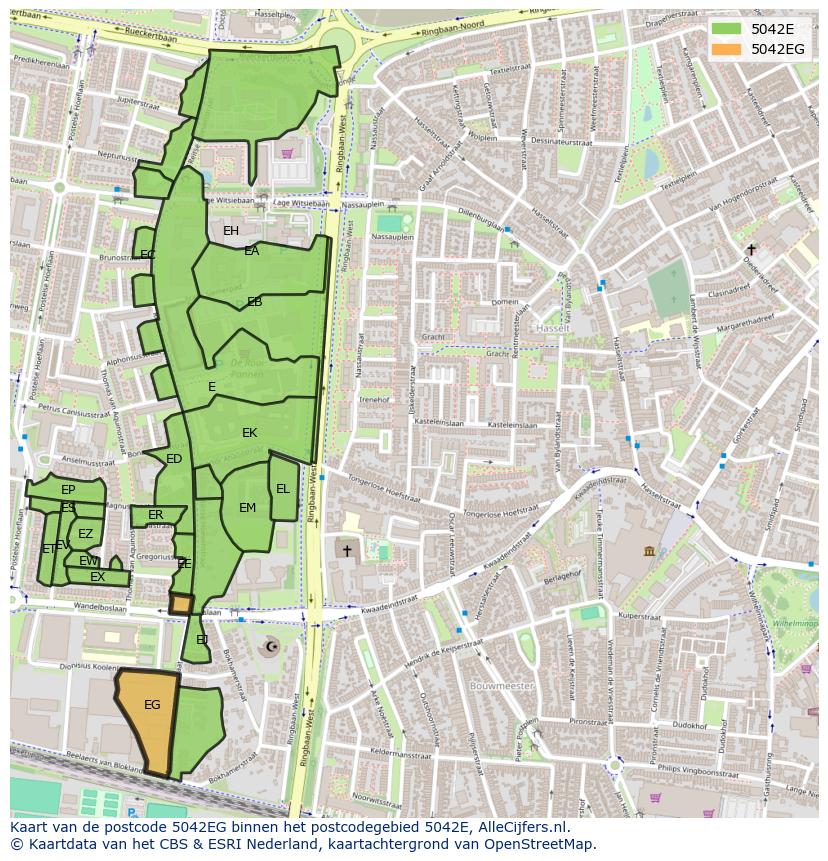 Afbeelding van het postcodegebied 5042 EG op de kaart.