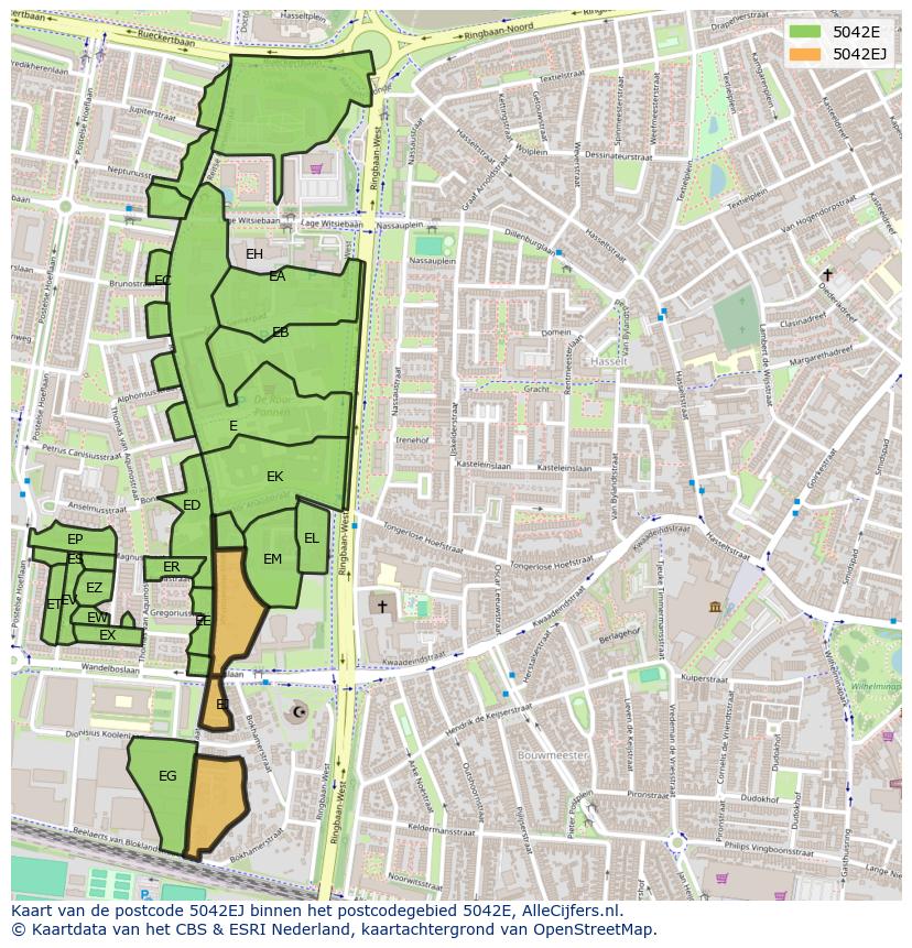 Afbeelding van het postcodegebied 5042 EJ op de kaart.