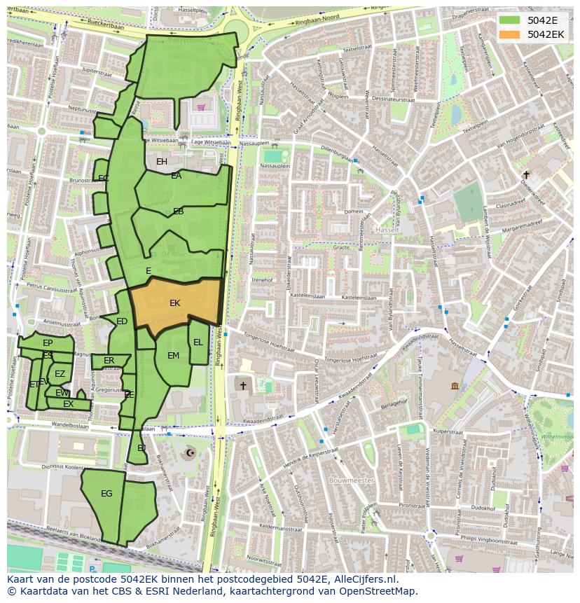 Afbeelding van het postcodegebied 5042 EK op de kaart.
