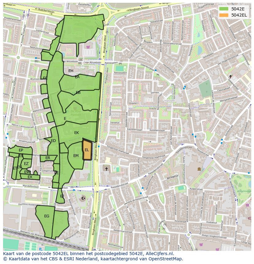Afbeelding van het postcodegebied 5042 EL op de kaart.