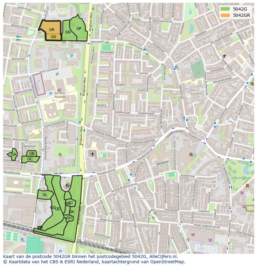Afbeelding van het postcodegebied 5042 GR op de kaart.