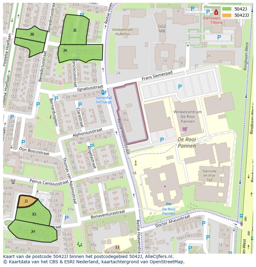 Afbeelding van het postcodegebied 5042 JJ op de kaart.