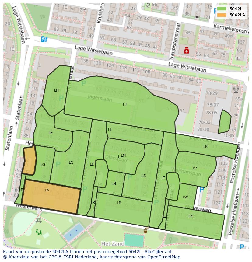 Afbeelding van het postcodegebied 5042 LA op de kaart.