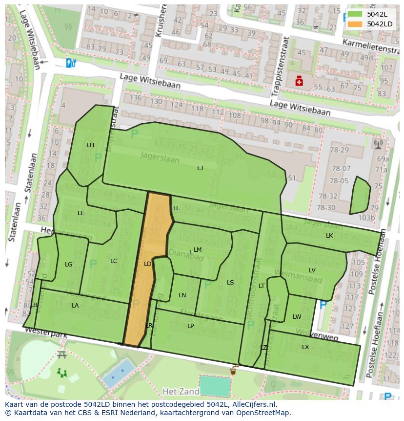 Afbeelding van het postcodegebied 5042 LD op de kaart.
