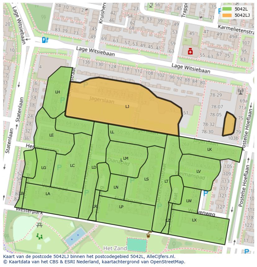 Afbeelding van het postcodegebied 5042 LJ op de kaart.