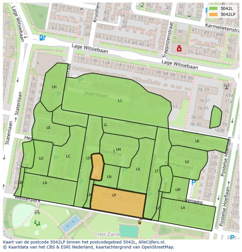Afbeelding van het postcodegebied 5042 LP op de kaart.