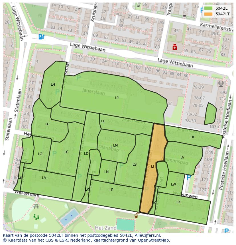 Afbeelding van het postcodegebied 5042 LT op de kaart.