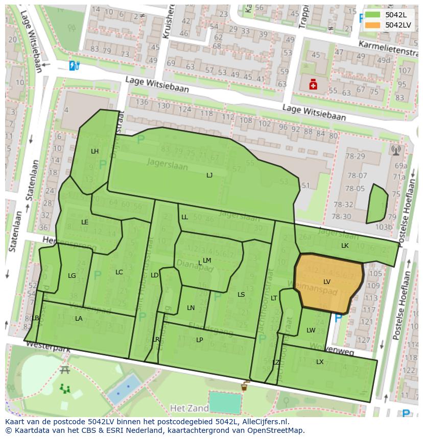 Afbeelding van het postcodegebied 5042 LV op de kaart.
