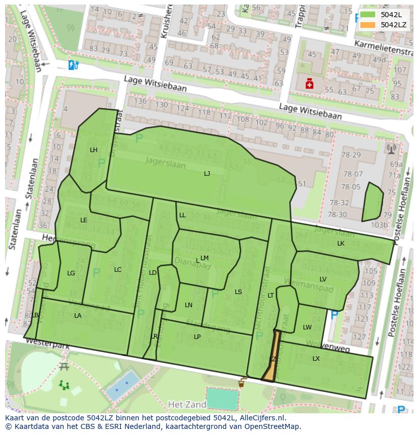 Afbeelding van het postcodegebied 5042 LZ op de kaart.