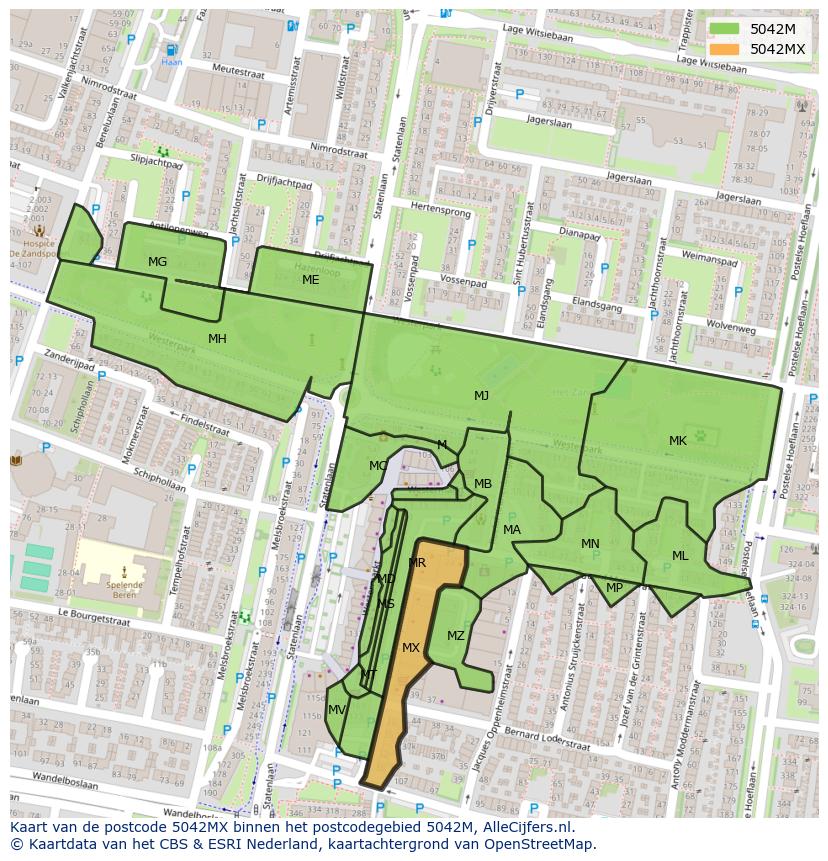Afbeelding van het postcodegebied 5042 MX op de kaart.