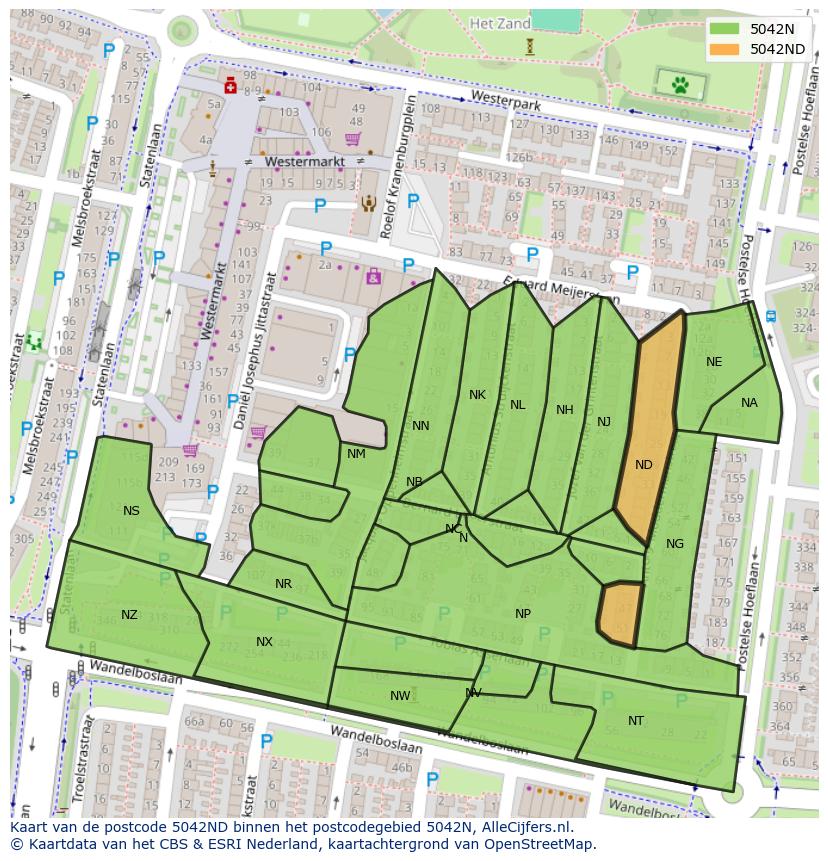 Afbeelding van het postcodegebied 5042 ND op de kaart.