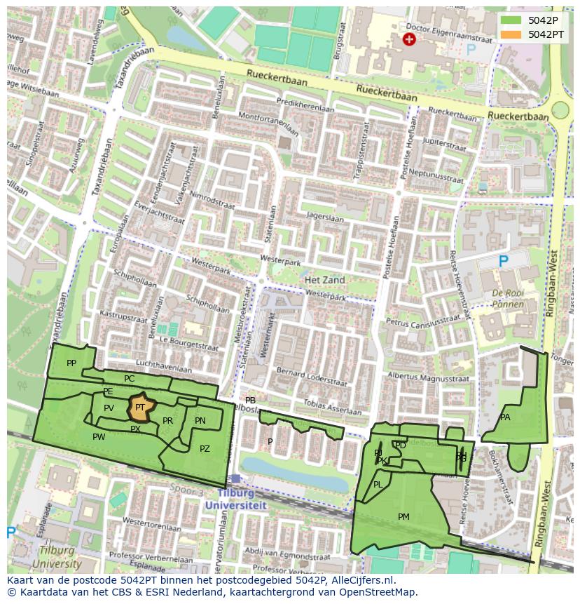 Afbeelding van het postcodegebied 5042 PT op de kaart.