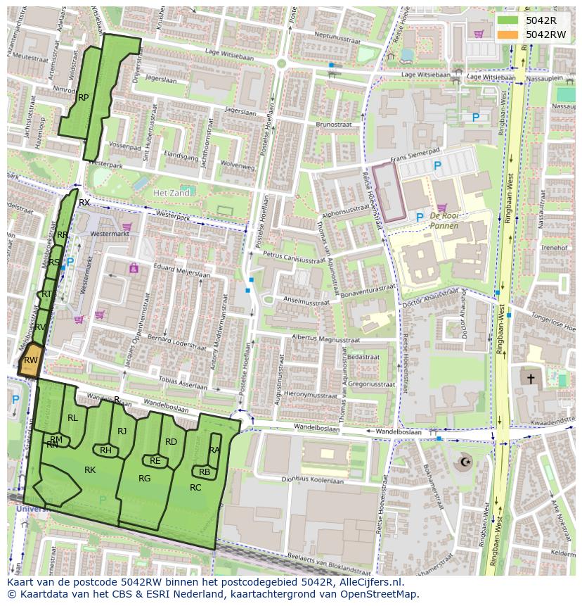 Afbeelding van het postcodegebied 5042 RW op de kaart.