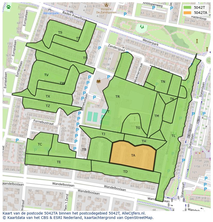 Afbeelding van het postcodegebied 5042 TA op de kaart.