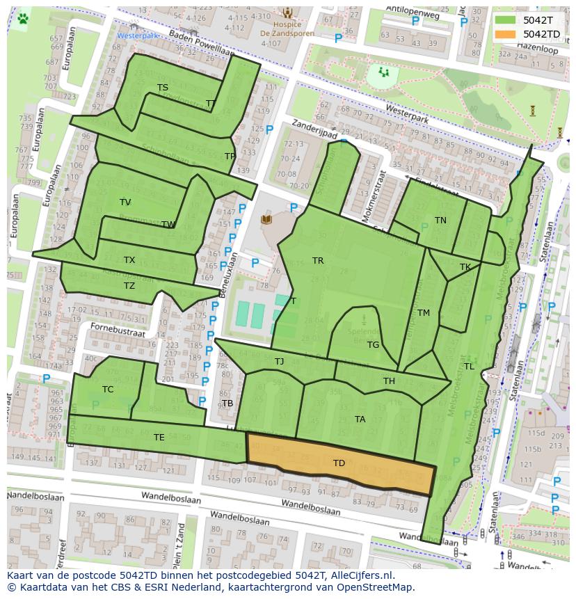 Afbeelding van het postcodegebied 5042 TD op de kaart.