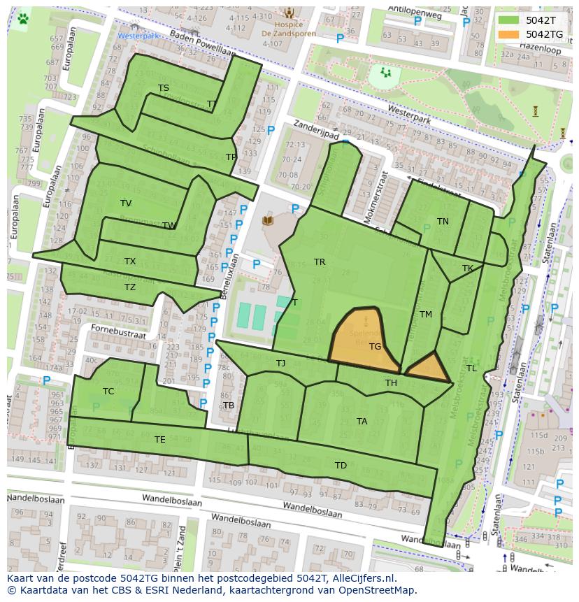 Afbeelding van het postcodegebied 5042 TG op de kaart.