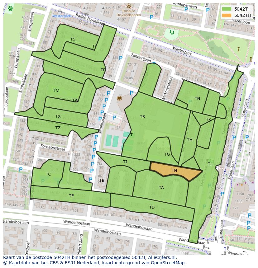 Afbeelding van het postcodegebied 5042 TH op de kaart.
