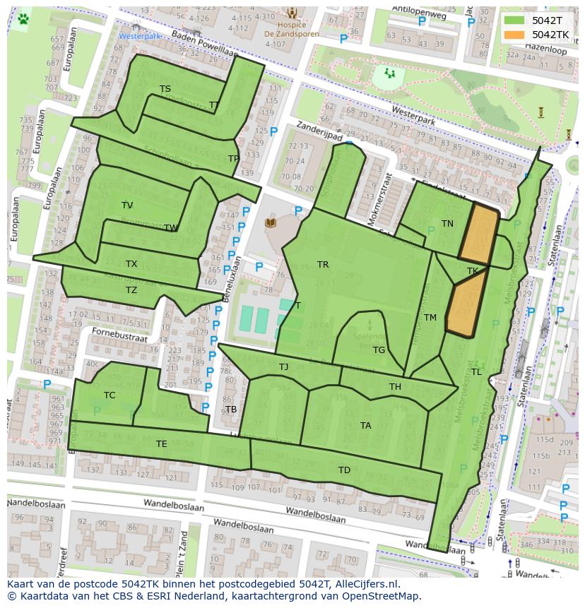 Afbeelding van het postcodegebied 5042 TK op de kaart.