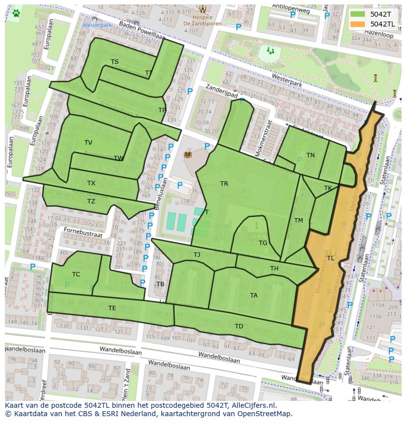 Afbeelding van het postcodegebied 5042 TL op de kaart.