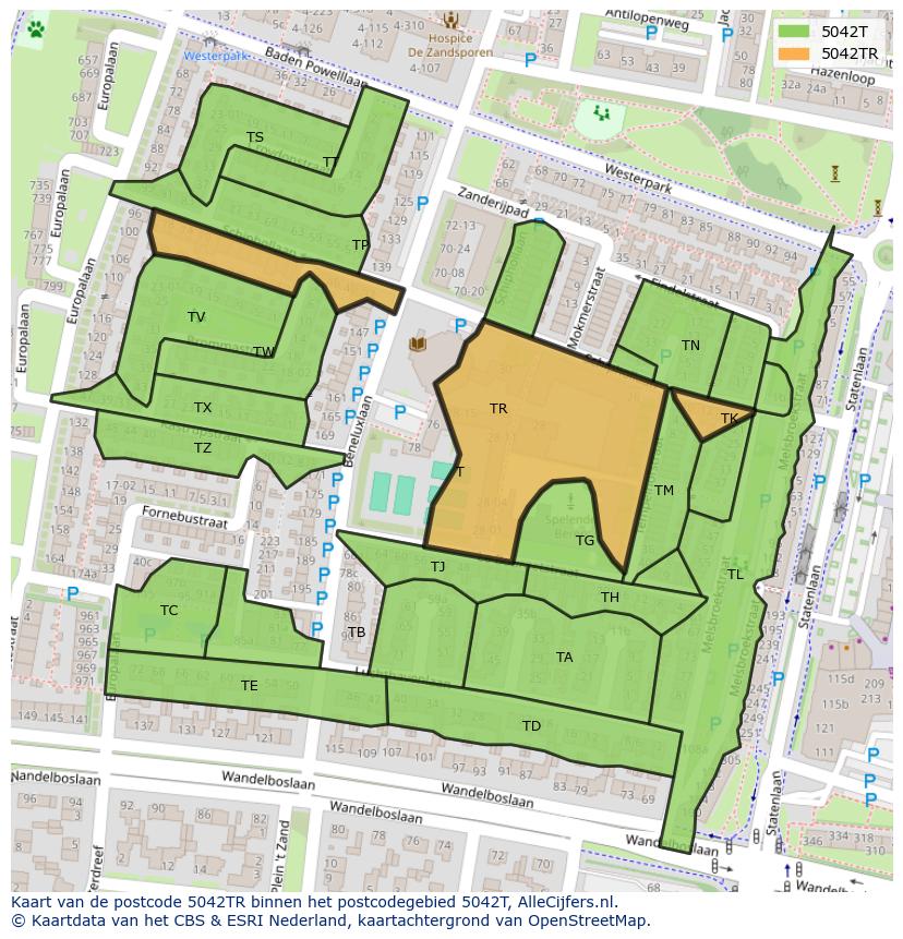 Afbeelding van het postcodegebied 5042 TR op de kaart.