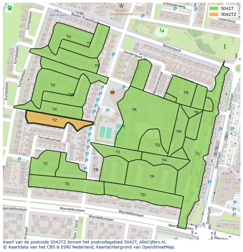 Afbeelding van het postcodegebied 5042 TZ op de kaart.