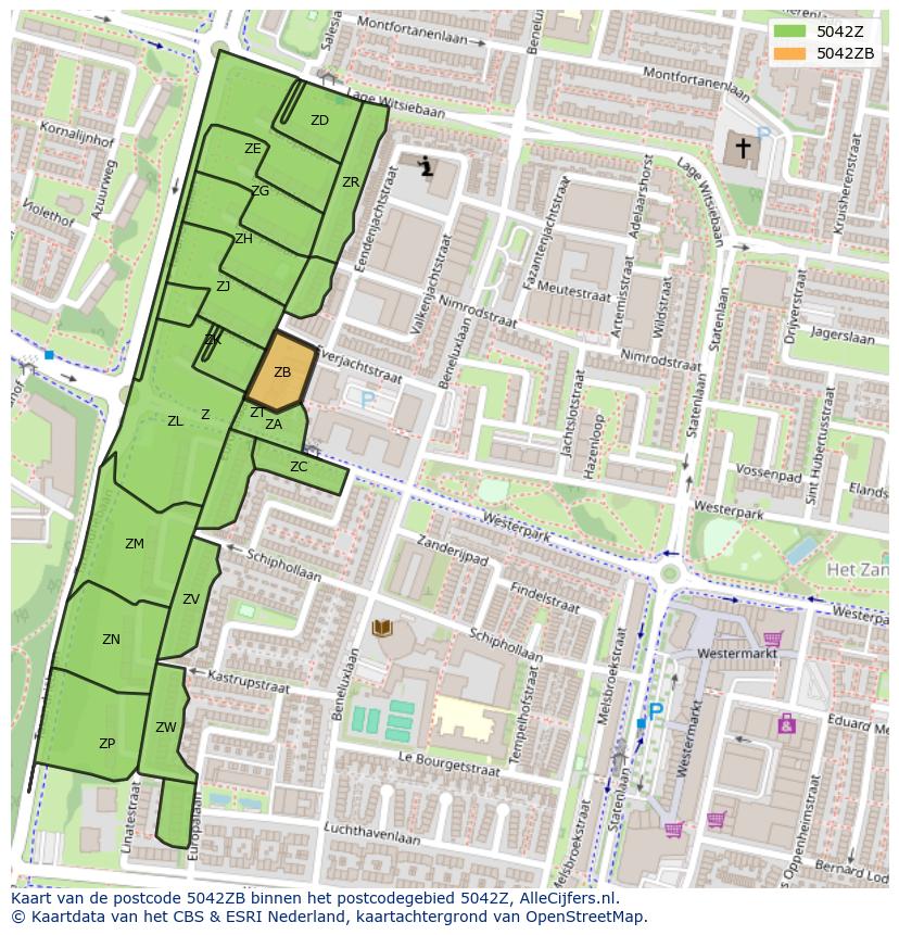 Afbeelding van het postcodegebied 5042 ZB op de kaart.