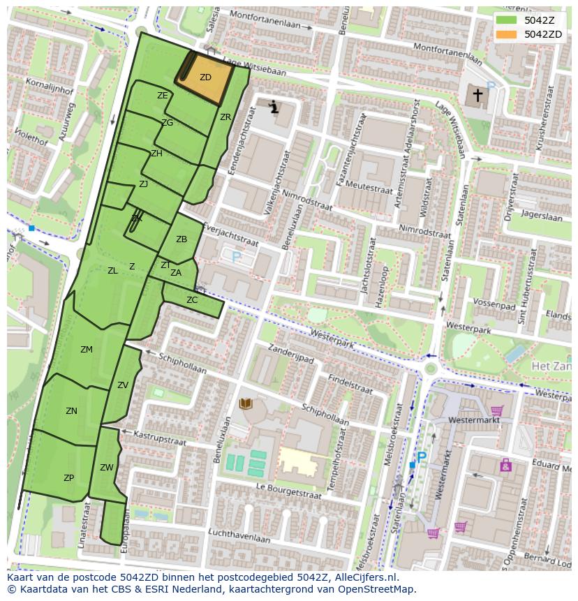 Afbeelding van het postcodegebied 5042 ZD op de kaart.
