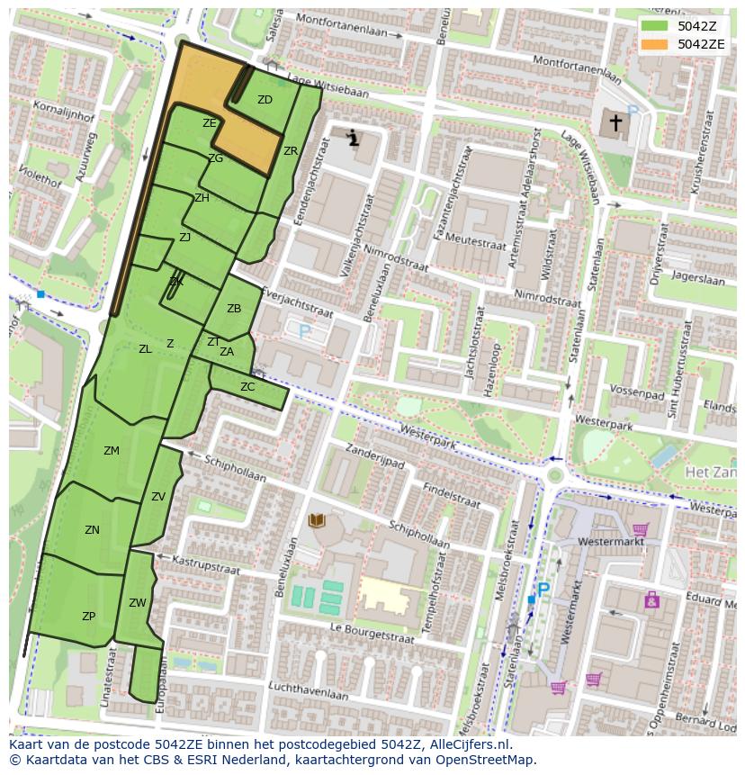 Afbeelding van het postcodegebied 5042 ZE op de kaart.