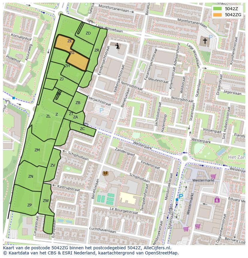 Afbeelding van het postcodegebied 5042 ZG op de kaart.