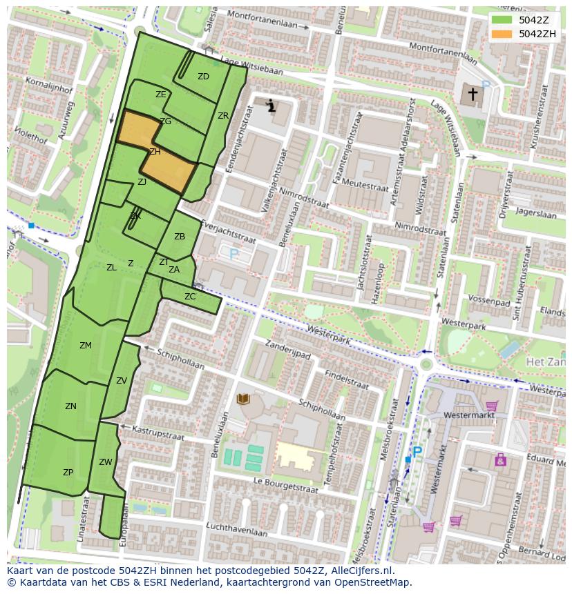 Afbeelding van het postcodegebied 5042 ZH op de kaart.